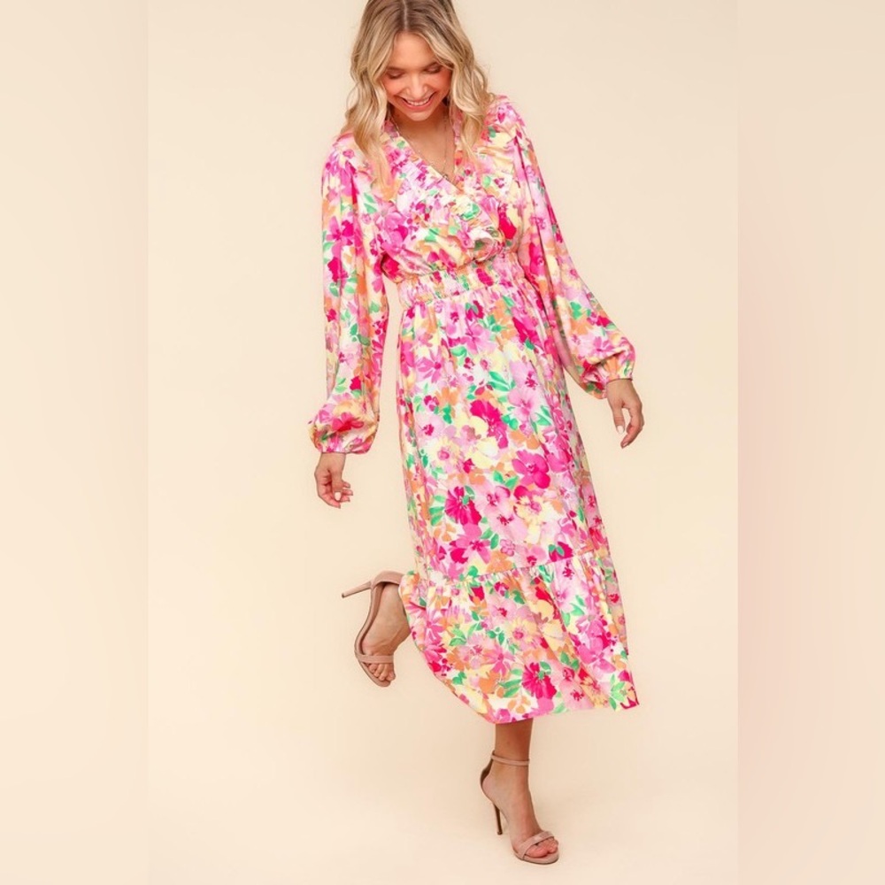 Floral Surplice Balloon Sleeve Dress with Side Pockets - Picture 5 of 6